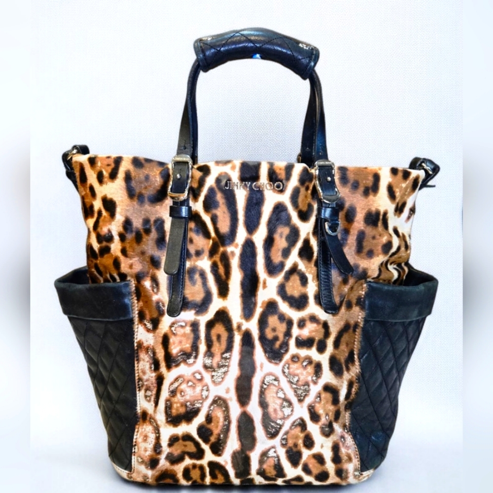 Jimmy Choo Blare Leopard Print Pony Hair + Leather Tall Tote Shoulder Handbag